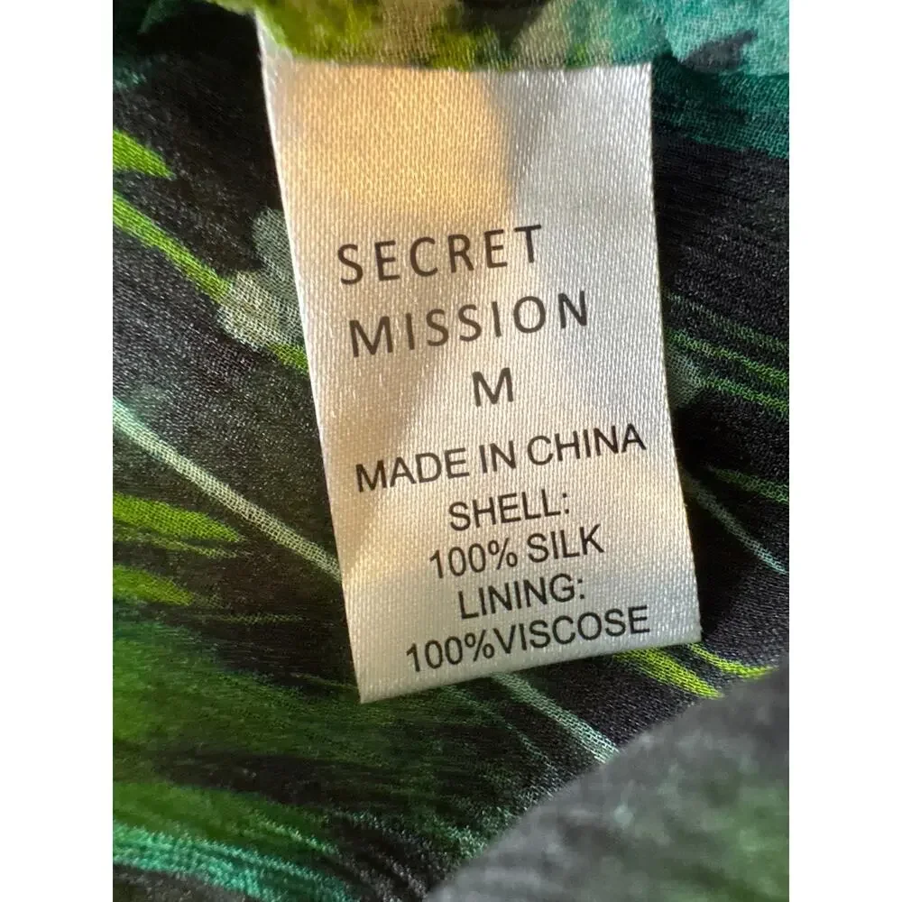 Secret Mission Silk Daisy Floral Dress Womens Medium Black Green Sheer Tiered - Picture 10 of 10